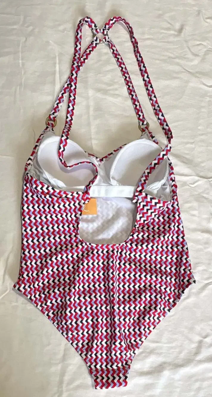 Kona Sol Red White Blue Chevron Ring One Piece Swimsuit Size 14 NWT